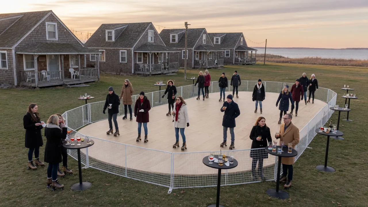 Editorial photo of a portable roller rink in a historic canal town at dusk; not a specific Lewes venue