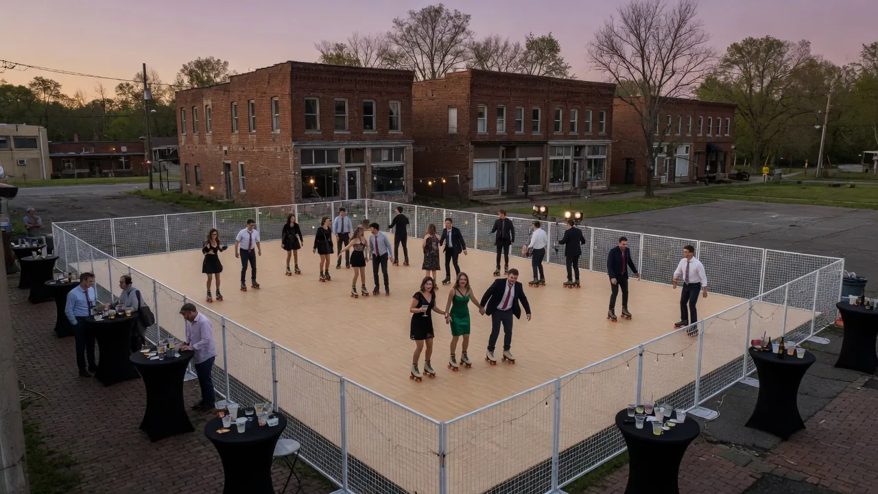 Families skating on a modular roller floor at a community event