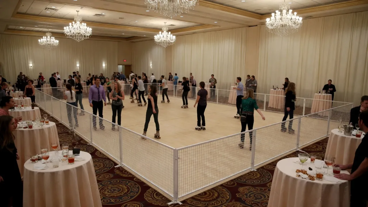 Portable rink rails and floor prepared inside a civic hall