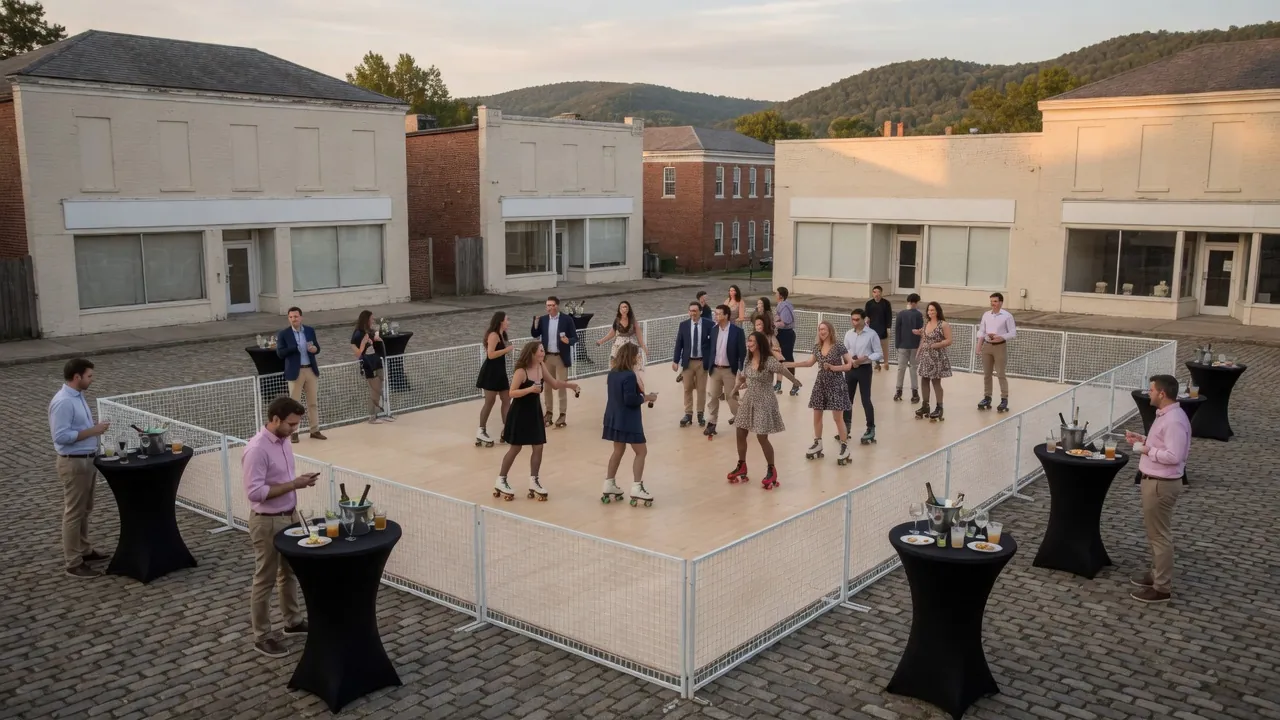 Families skating on a modular roller floor at a community event