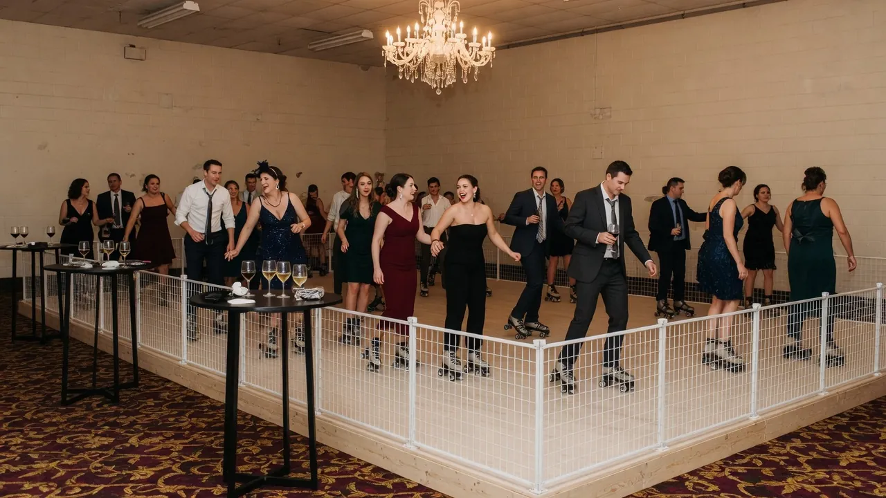 Portable rink rails and floor prepared inside a civic hall