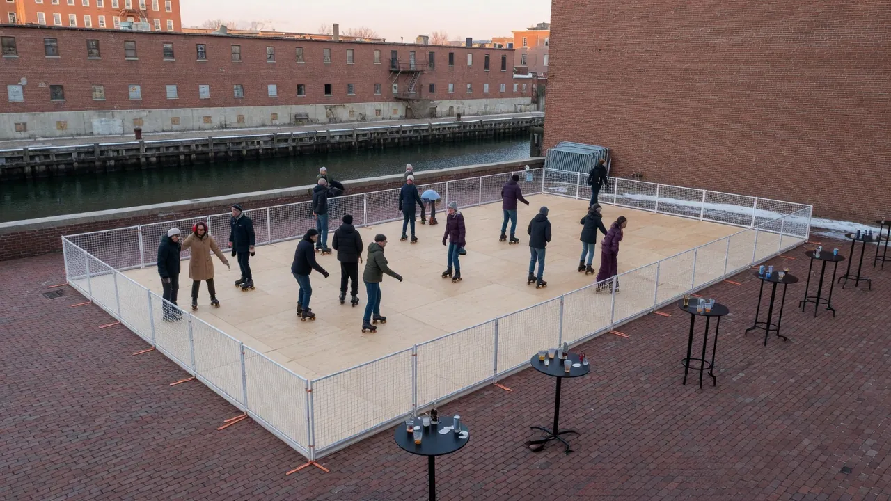 Families skating on a modular roller floor at a community event