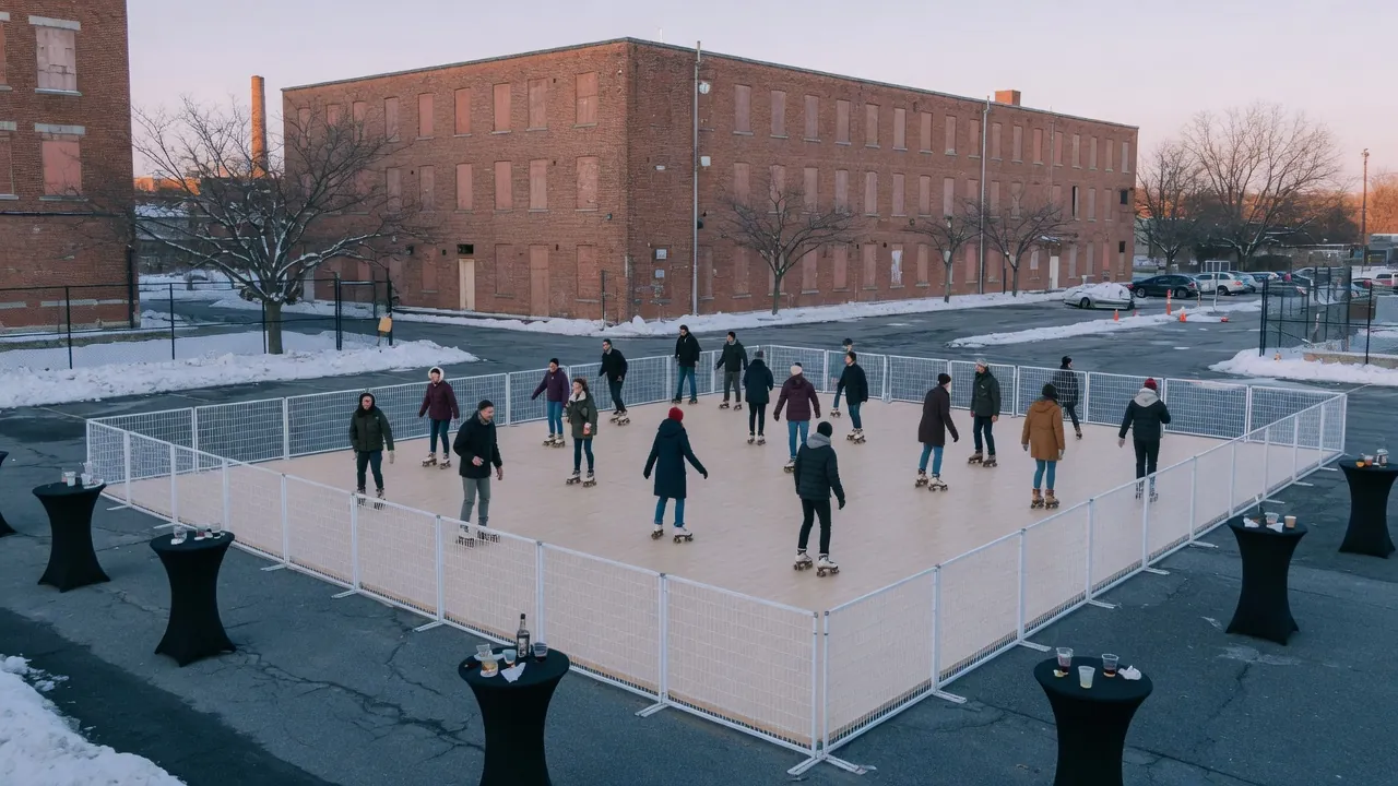 Guests skating on a modular roller floor at an indoor event