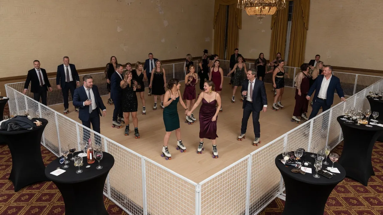 Portable rink rails and floor prepared inside a civic hall