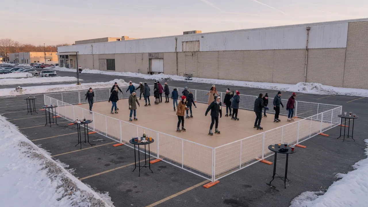 Families skating on a modular roller floor at a community event
