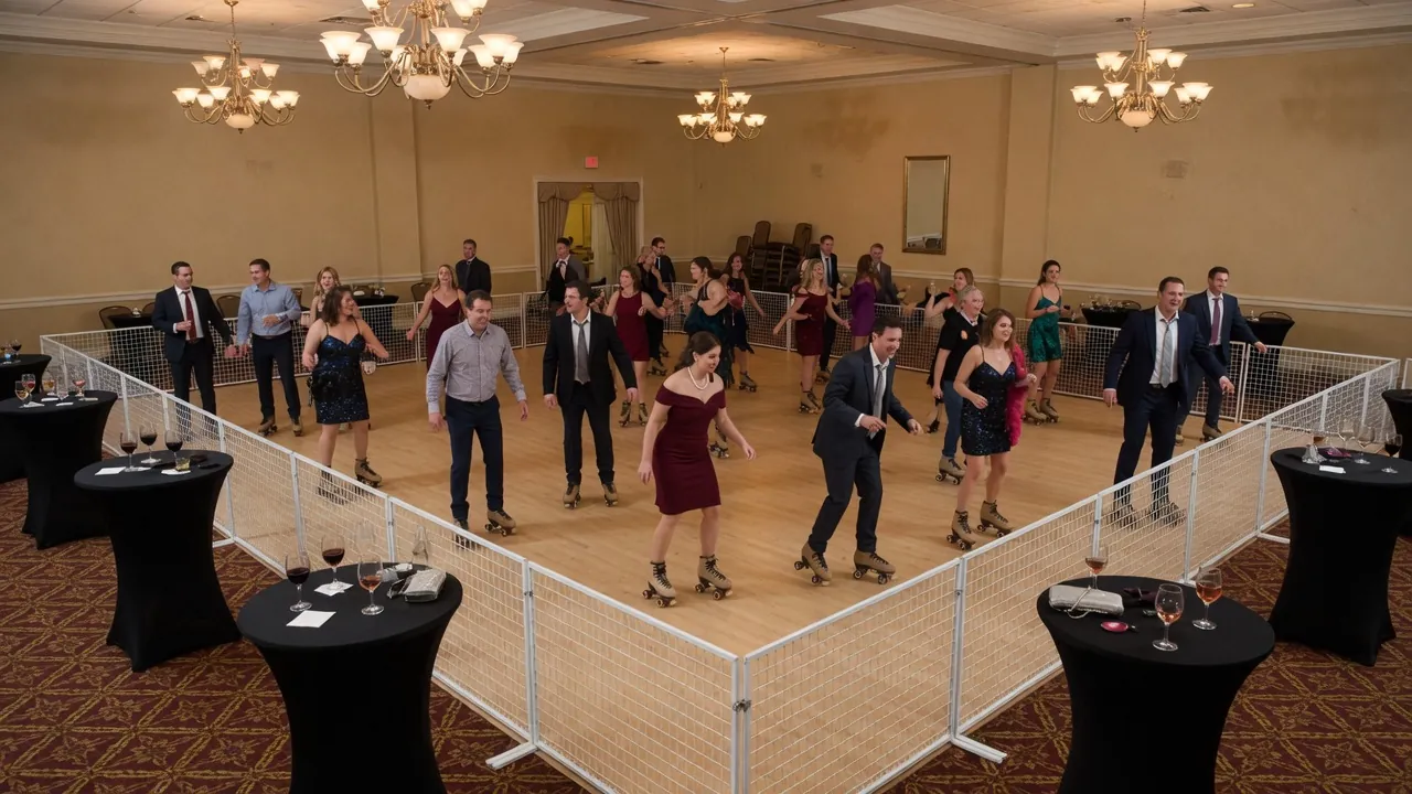 Portable roller rink floor, rails, skates, and fitting area prepared for guests