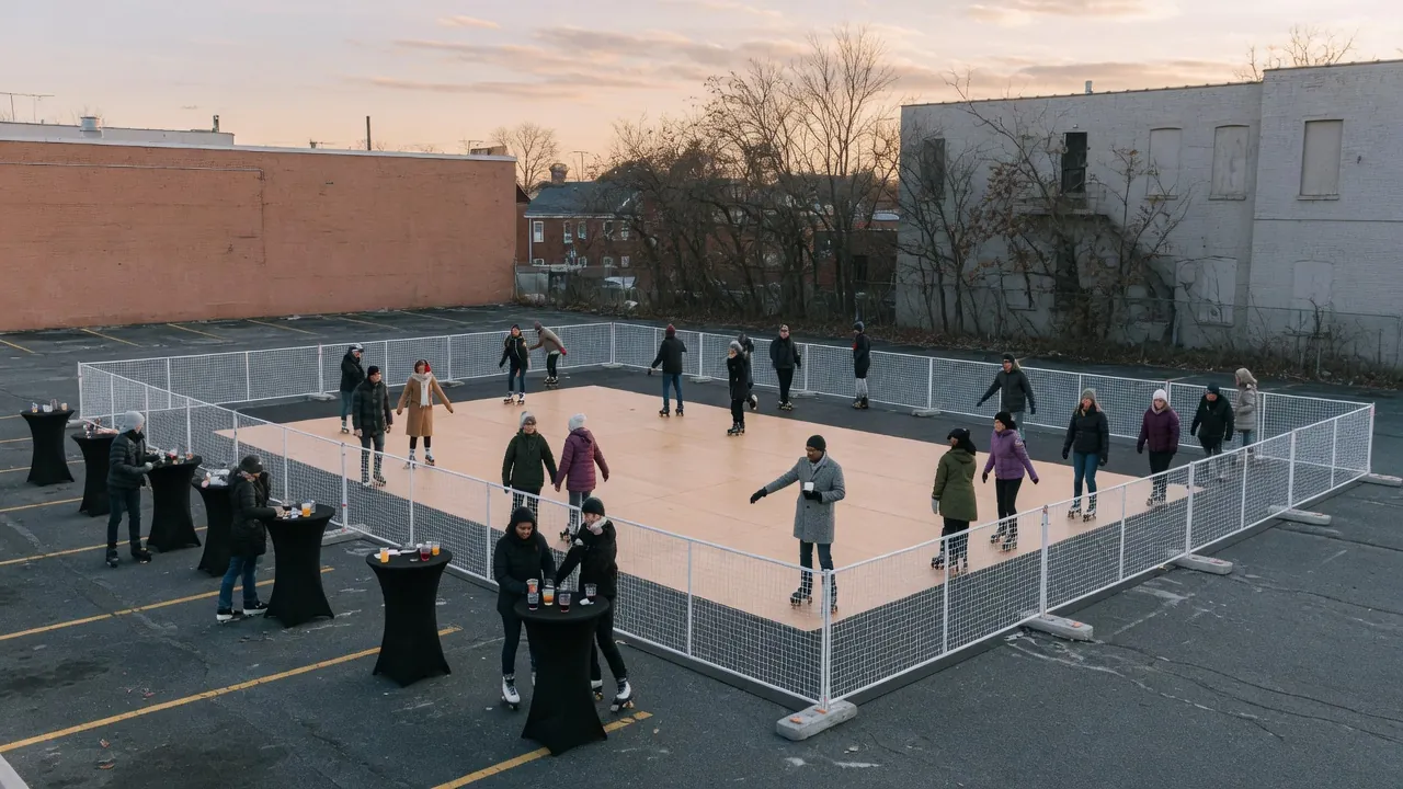 Guests skating on a modular roller floor at an indoor event