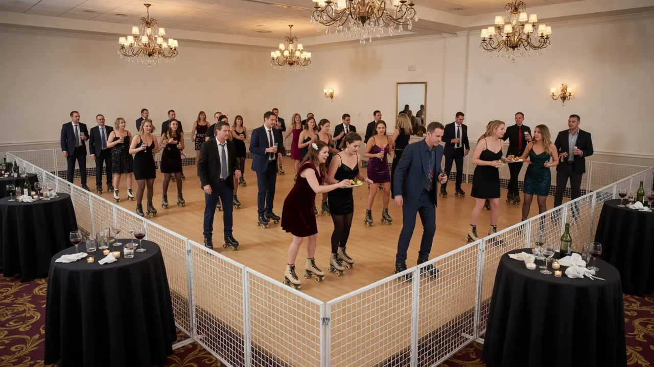 Portable roller rink floor, rails, skates, and fitting area prepared for guests