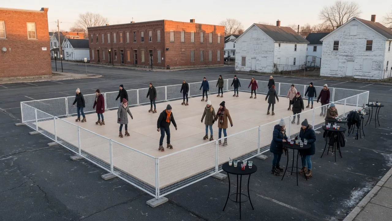 Guests skating on a modular roller floor at an indoor event