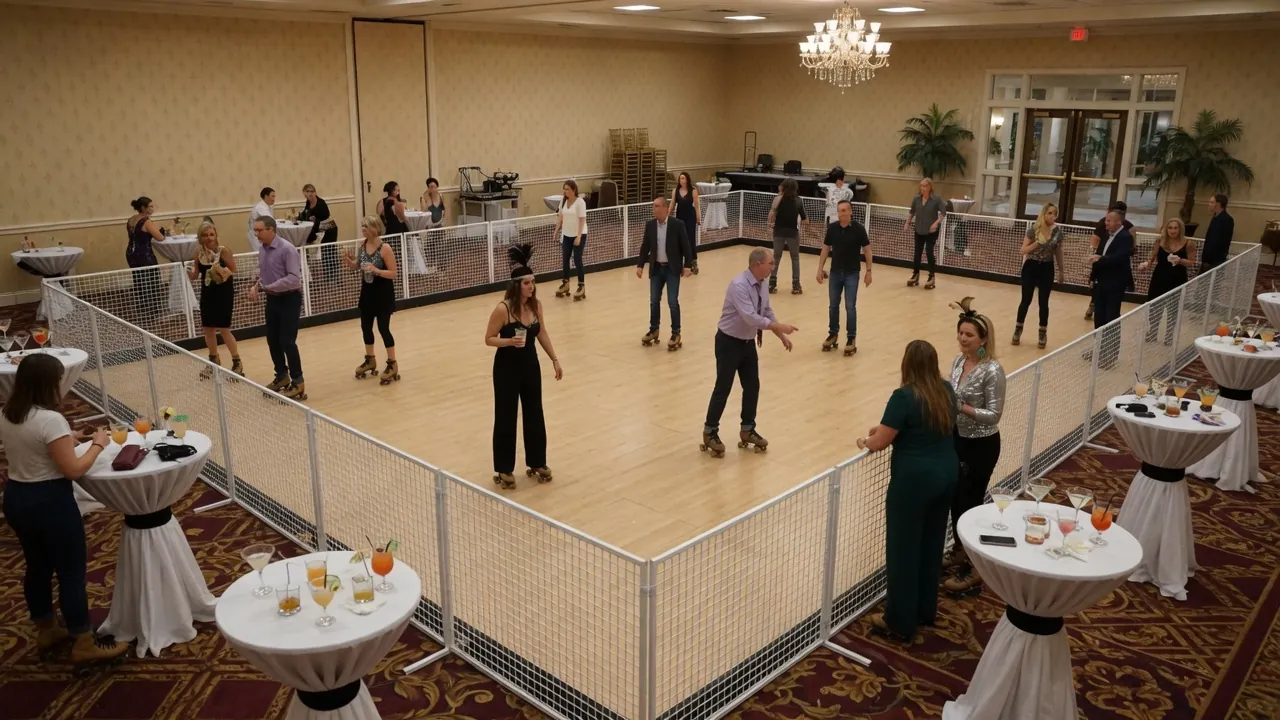Portable rink rails and dry skating surface prepared indoors
