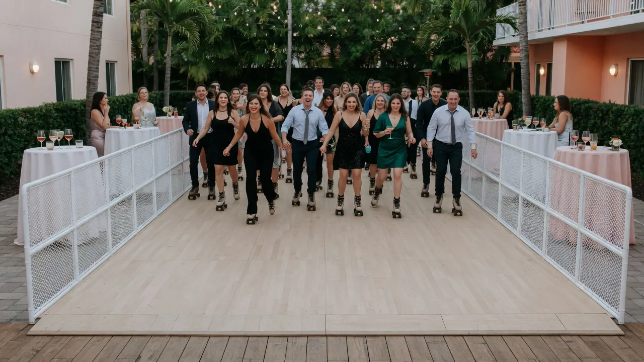 Roller skates arranged beside a protected fitting and check-in area