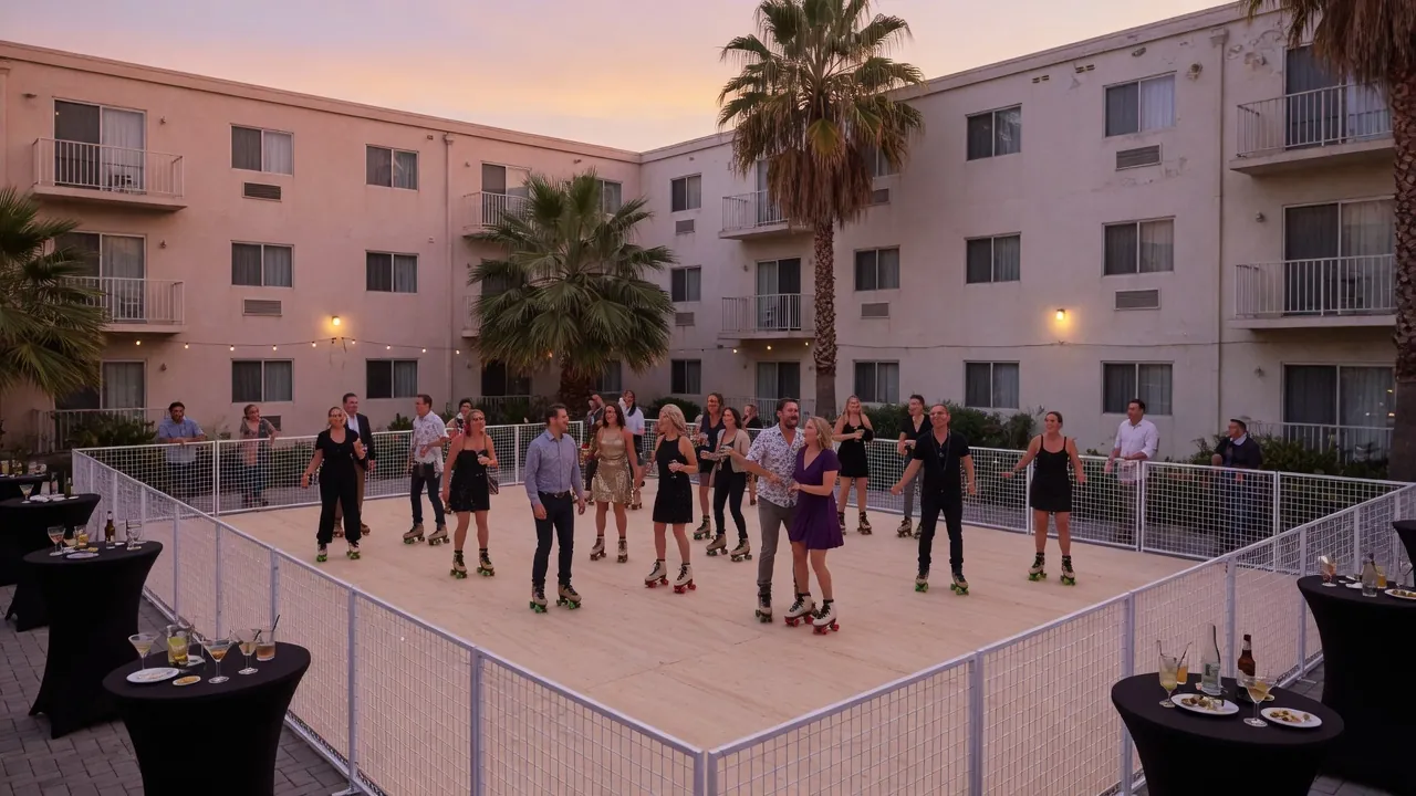 Guests skating on a modular roller floor inside a covered event venue