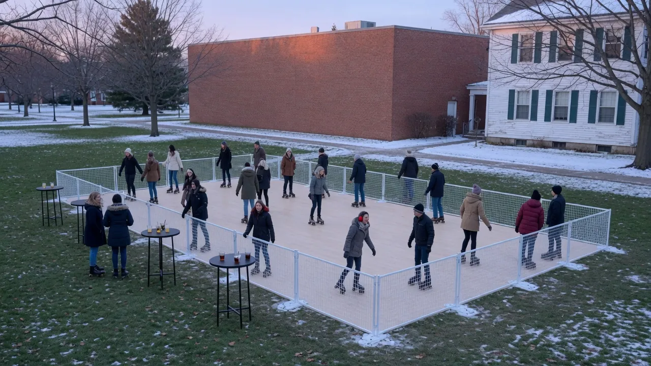 Families skating on a modular roller floor at a community event