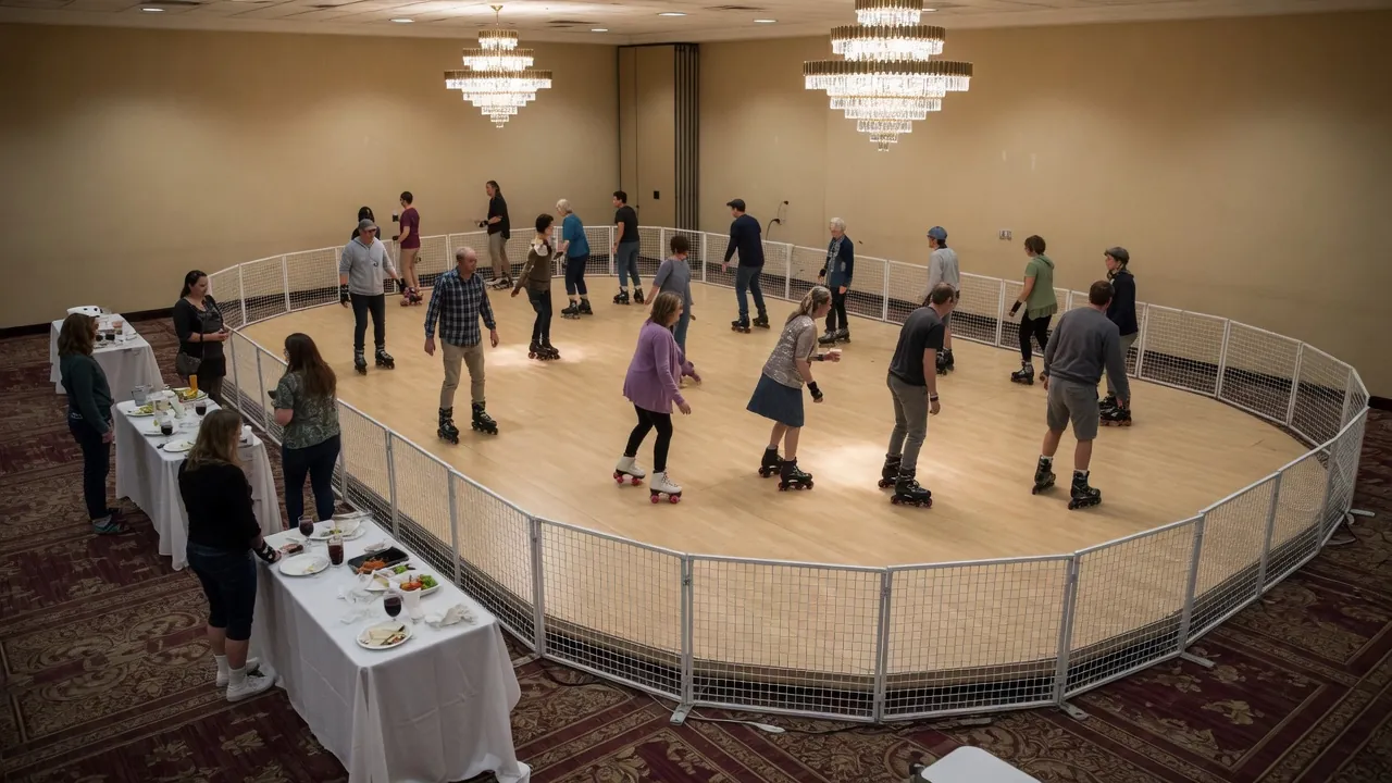 Editorial photo of a portable roller rink in a community indoor hall; not a specific Middletown venue