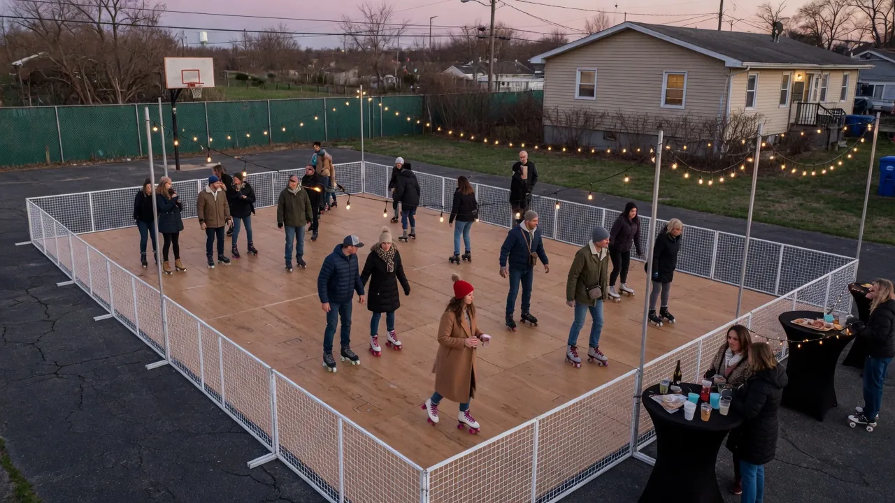 Editorial photo of a portable roller rink setup near a Middletown-style event pad; not a specific venue