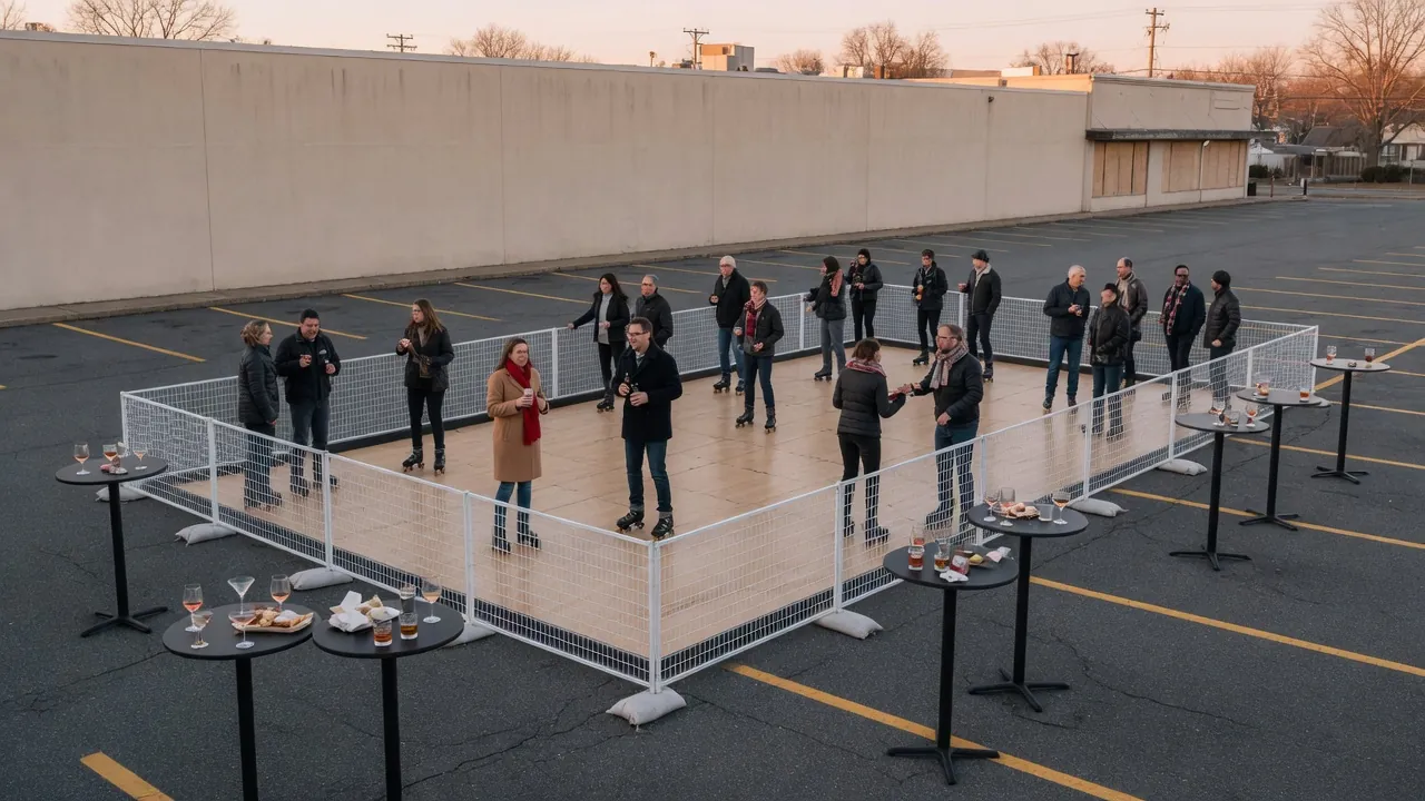 Editorial photo of a portable roller rink on a suburban school or retail lot; not a specific Middletown venue