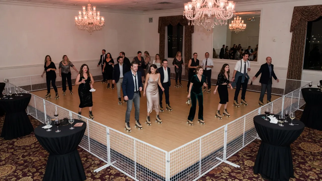 Portable rink rails and floor prepared inside a civic hall