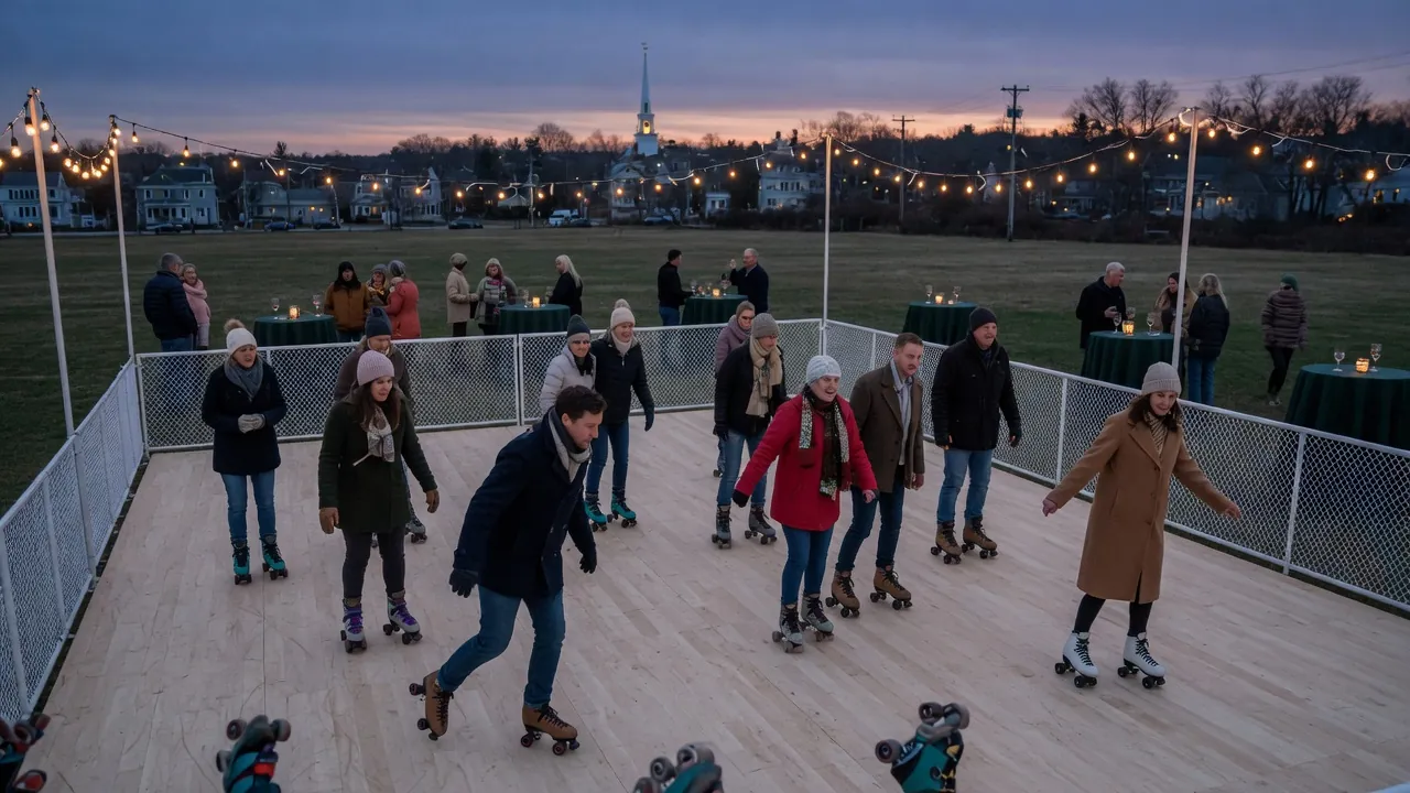 Roller skates organized beside a staffed fitting area