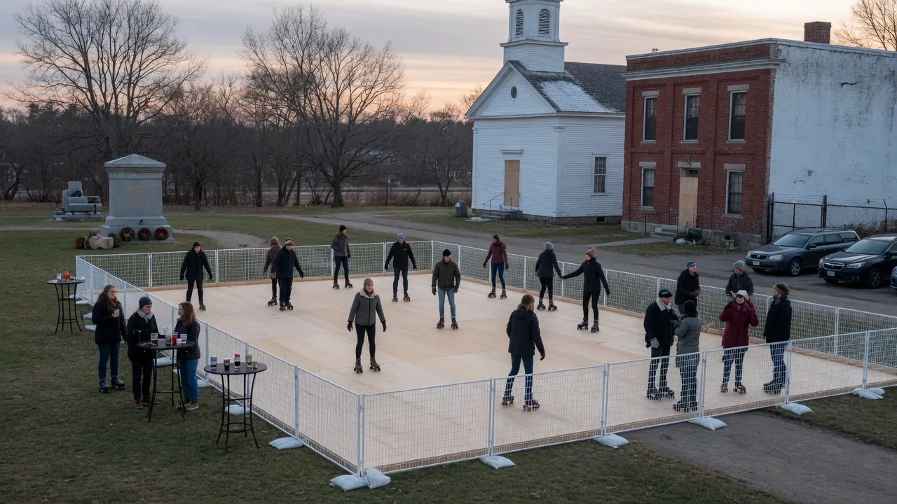 Families skating on a modular roller floor at a community event