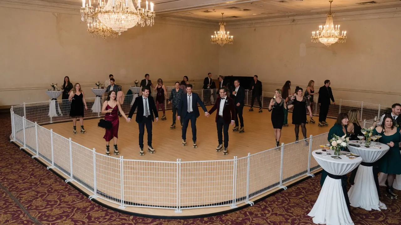Portable roller rink rails and skating surface prepared for guests