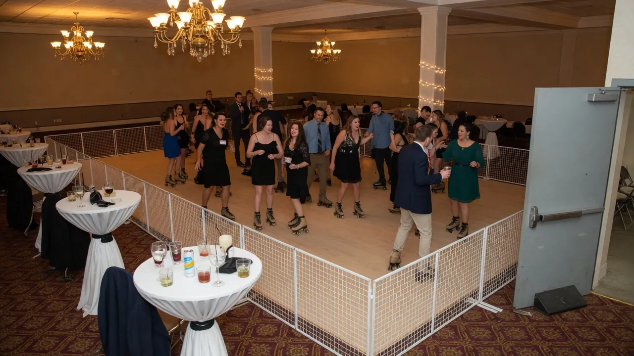Portable rink rails and floor prepared inside a civic hall