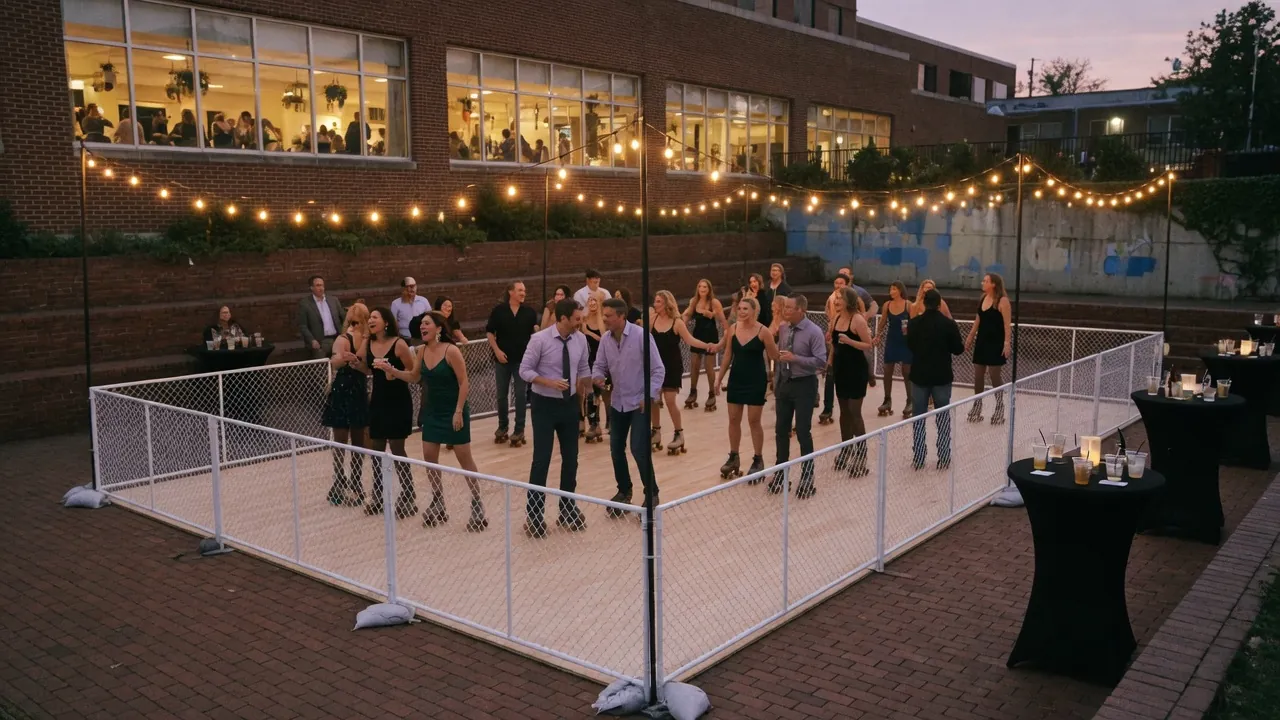 Families skating on a modular roller floor at a community event