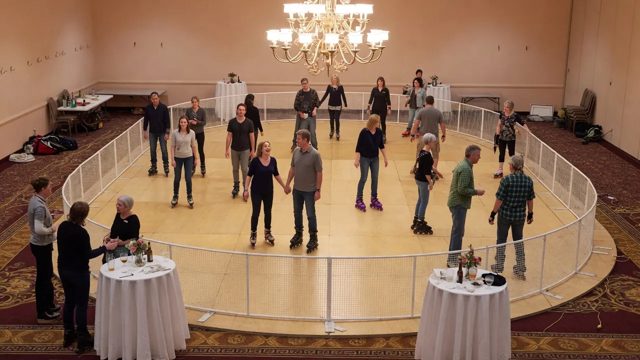 Editorial photo of a portable roller rink in a headquarters-hotel courtyard; not a specific Morristown venue