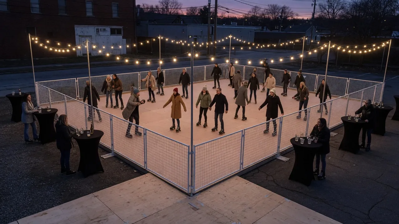 Editorial photo of a portable roller rink setup near a Morristown-style event pad; not a specific venue