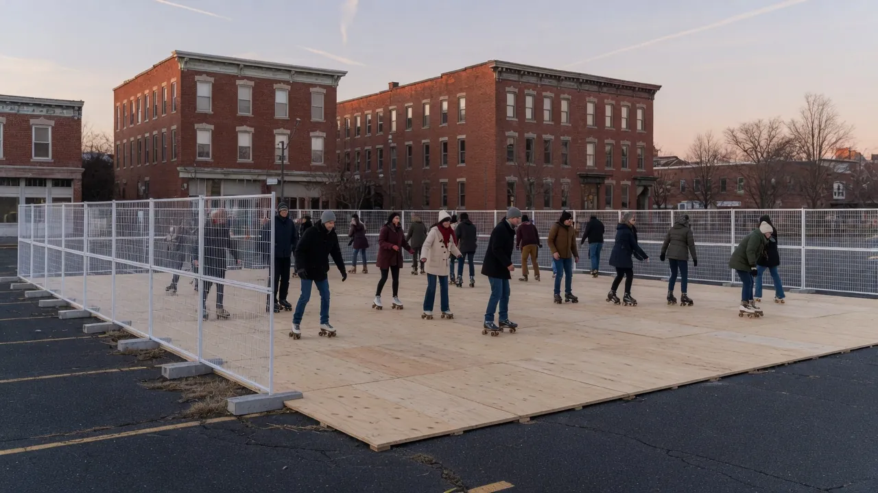 Editorial photo of a portable roller rink on a town green winter evening; not a specific Morristown venue