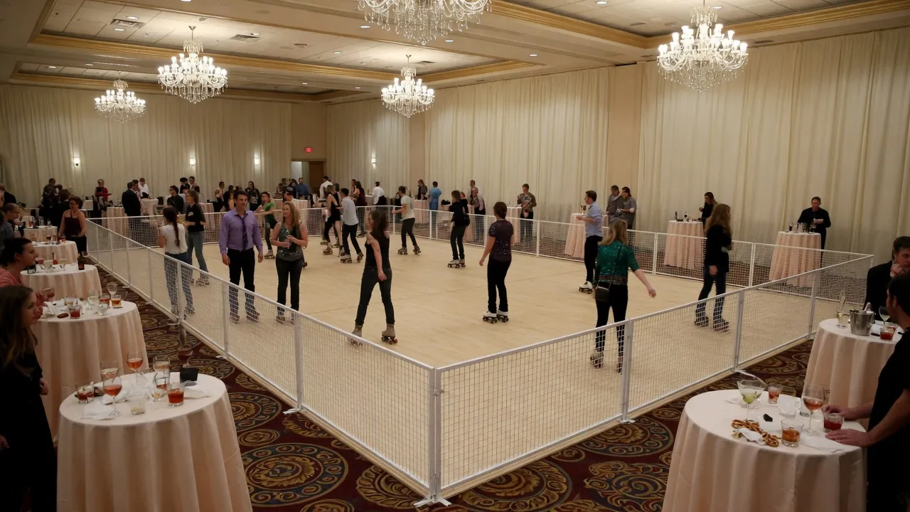 Portable rink rails and dry skating surface prepared indoors