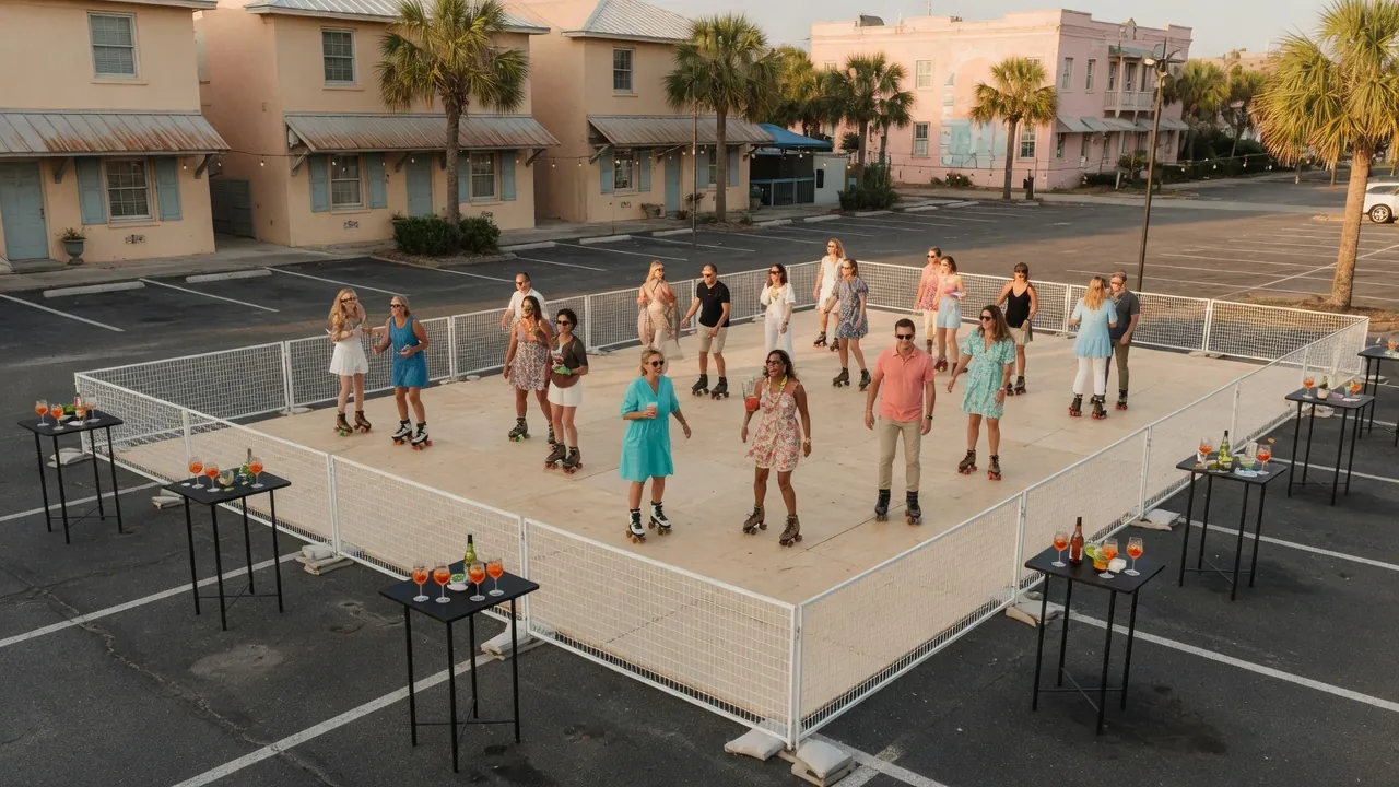 Guests skating on a modular roller floor inside a covered event venue