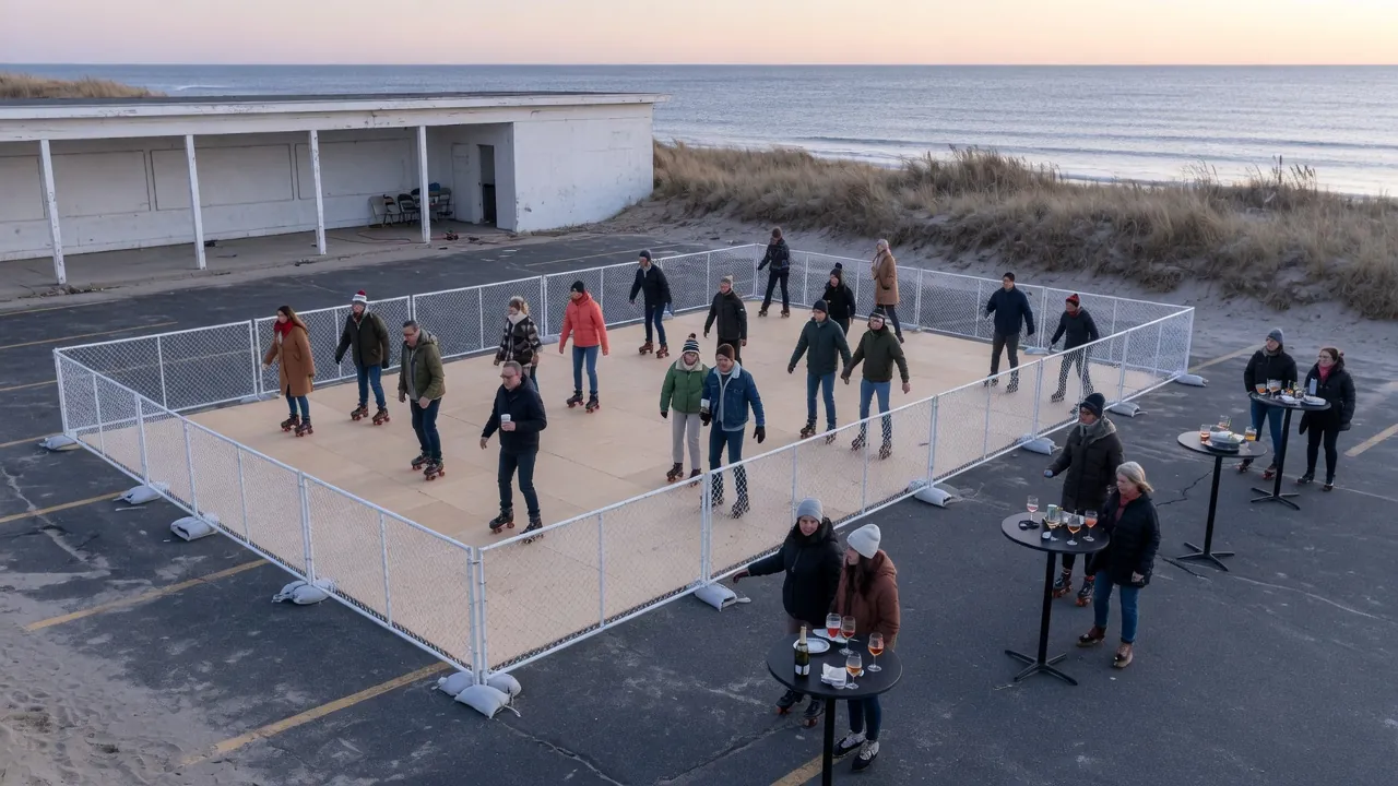 Guests skating on a modular roller floor inside a covered event venue