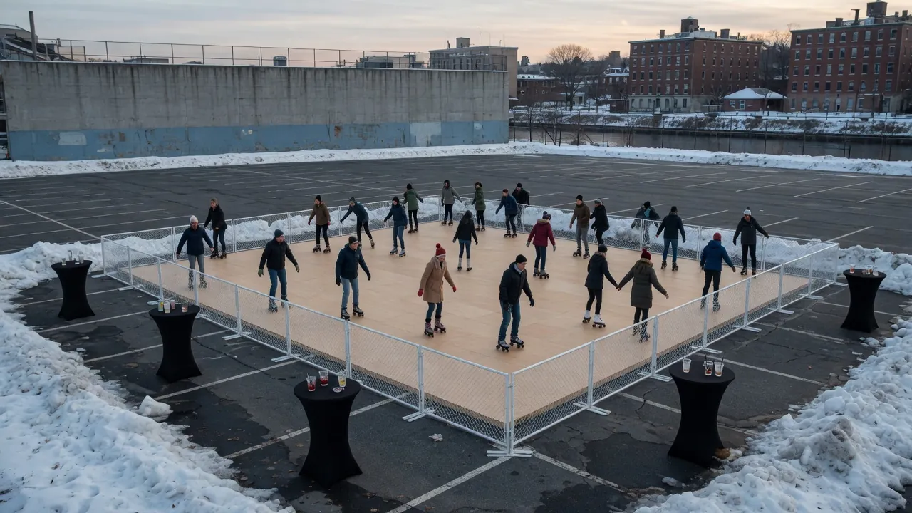 Guests skating on a modular roller floor inside a hotel event room