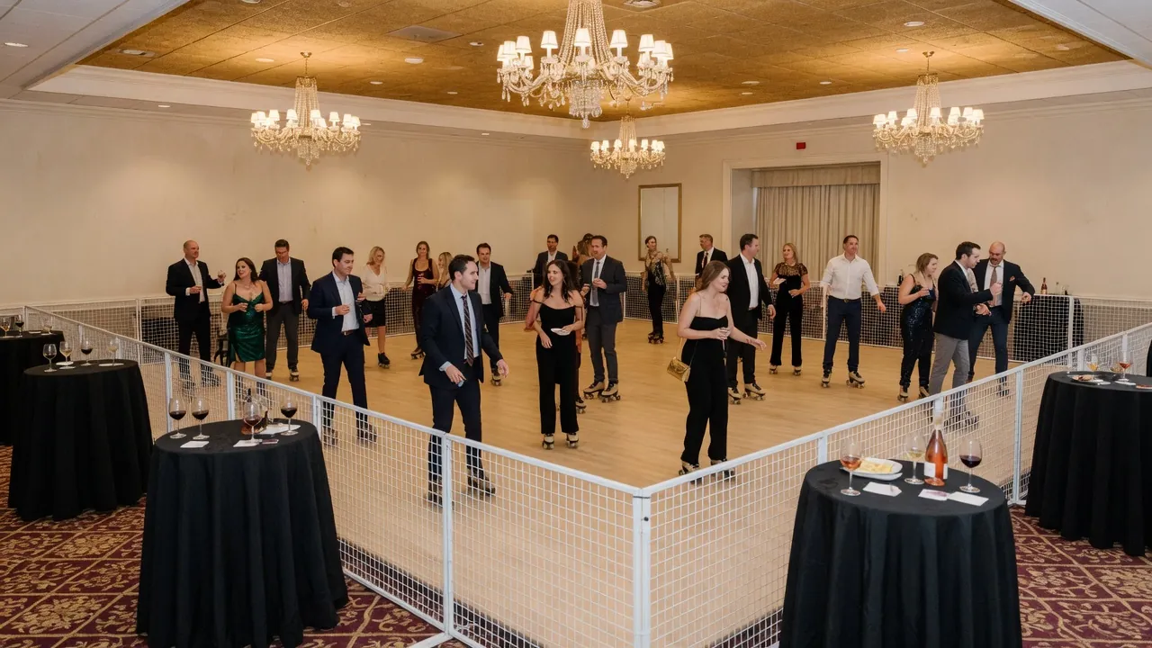 Portable rink rails and dry skating surface prepared indoors