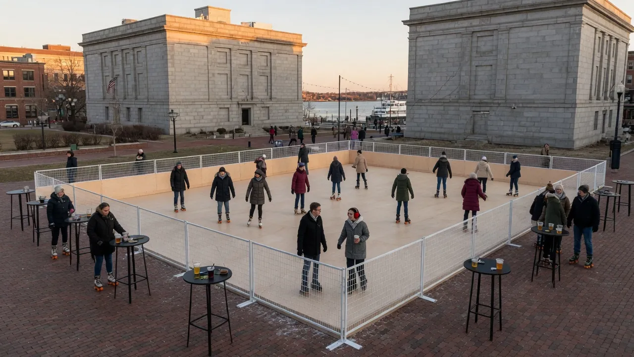 Guests skating on a modular roller floor inside a covered event venue