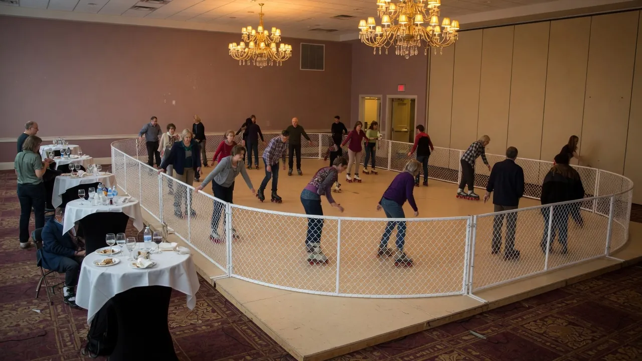 Editorial photo of a portable roller rink in a downtown lot setup; not a specific New Brunswick venue