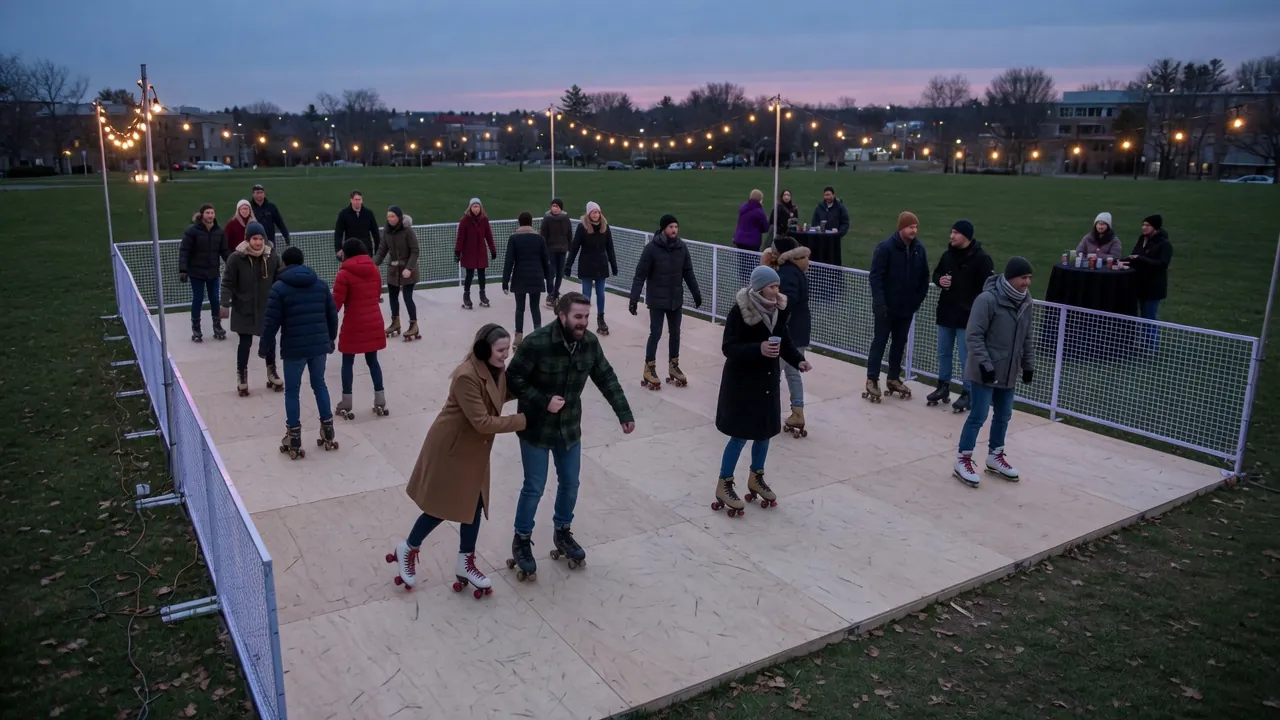 Editorial photo of a portable roller rink setup near a New Brunswick-style event pad; not a specific venue