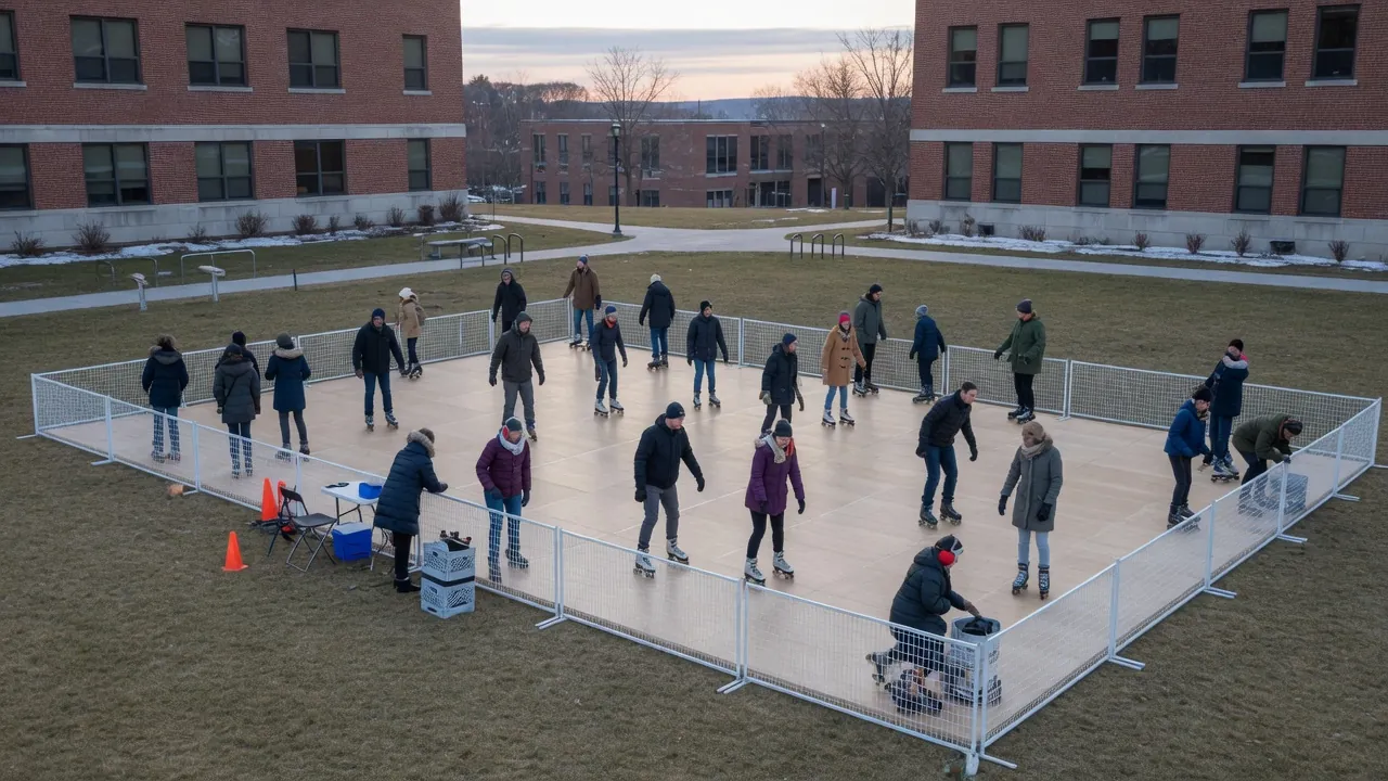 Editorial photo of a portable roller rink on a university-campus winter green; not a specific New Brunswick venue