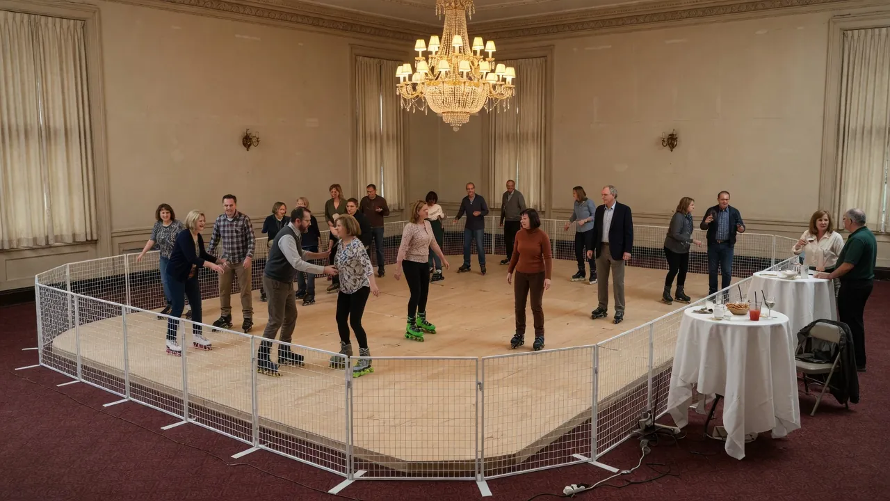 Editorial photo of a portable roller rink on a compact waterfront park lawn; not a specific New Castle Delaware venue
