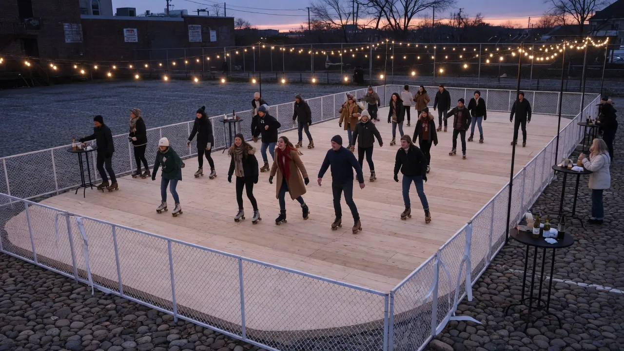 Editorial photo of a portable roller rink setup near a New Castle-style event pad; not a specific venue