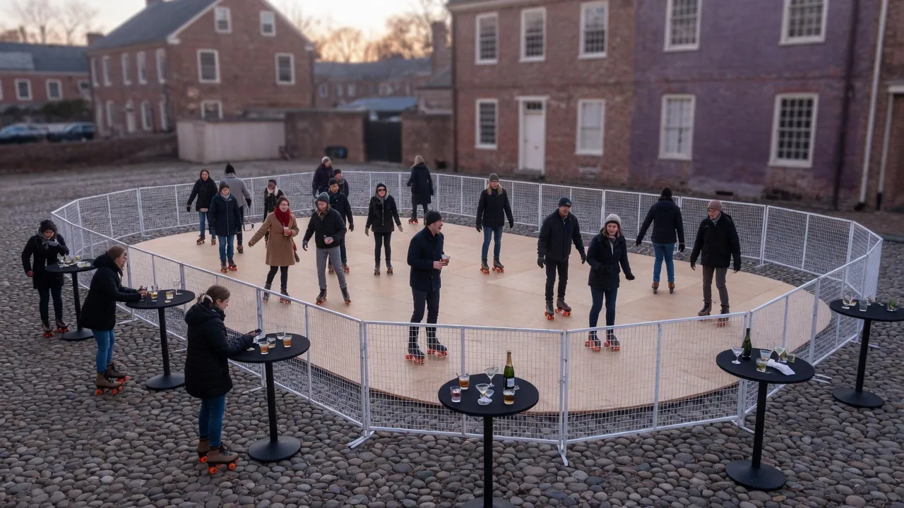 Editorial photo of a portable roller rink in a historic river town at dusk; not a specific New Castle Delaware venue
