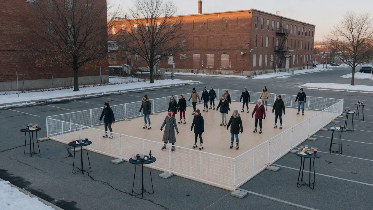 Guests skating on a modular roller floor at an indoor event
