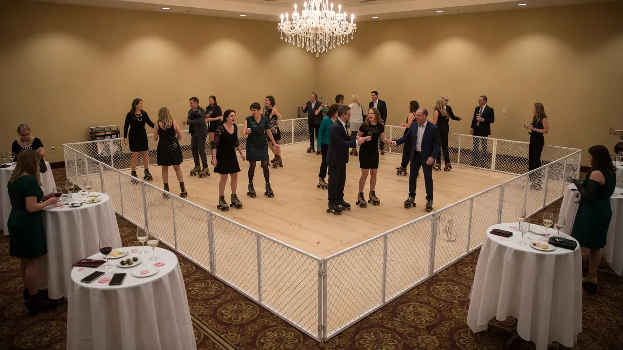 Portable rink rails and lighting prepared in a commercial event zone