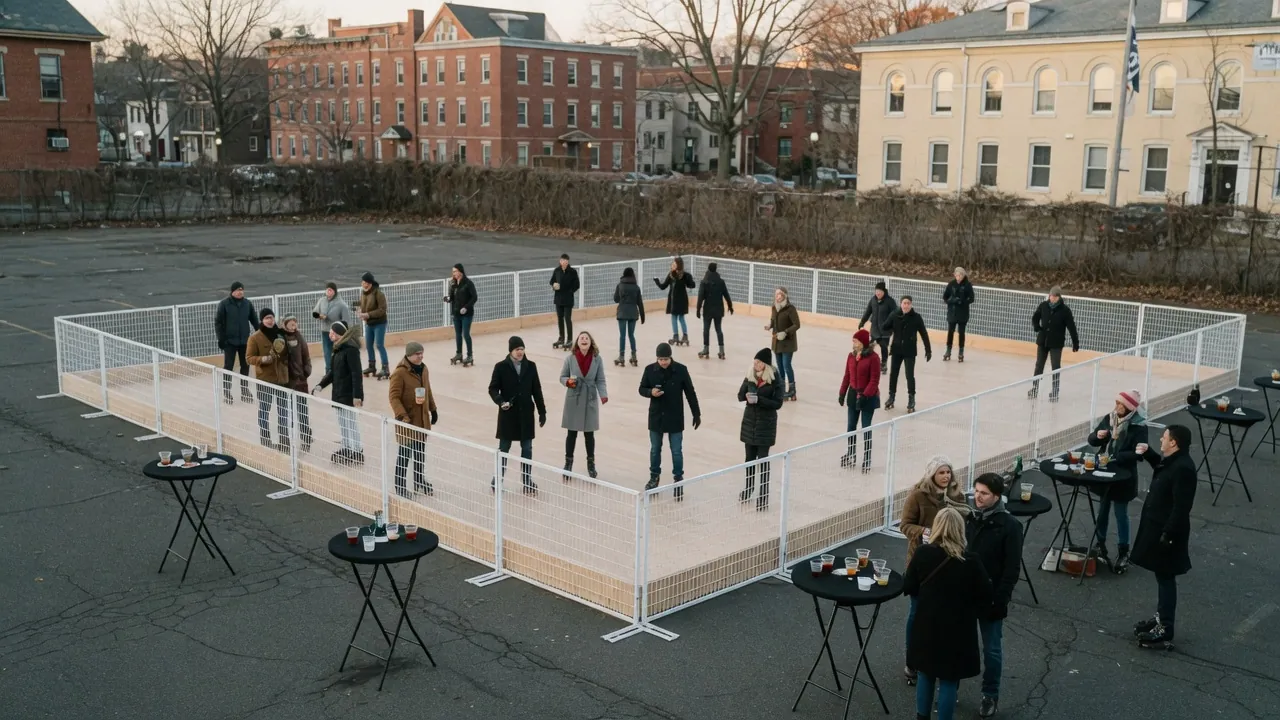 Guests skating on a modular roller floor at a retail event