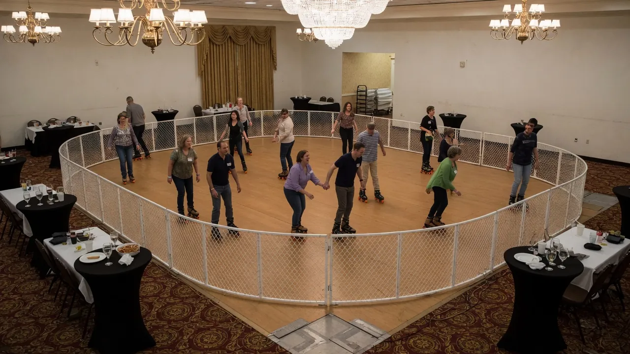 Editorial photo of a compact portable rink in an indoor New Jersey event hall; not a specific venue