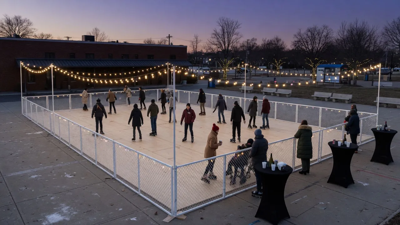 Editorial photo of a portable roller rink on a winter New Jersey plaza; not a specific venue