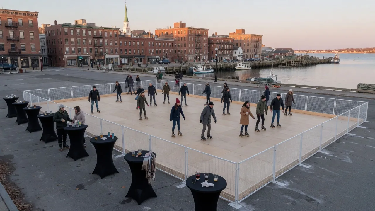 Guests skating on a modular roller floor inside a covered event venue