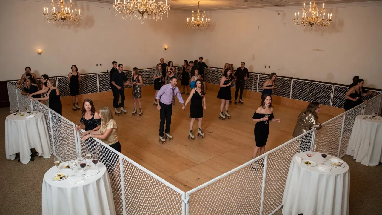 Editorial photo of a portable roller rink install for a New York City-style event; not a specific venue