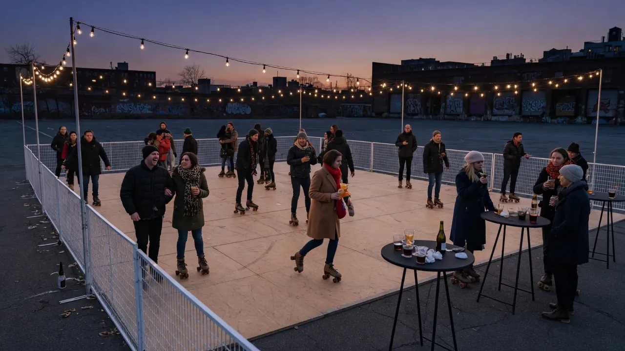 Editorial photo of a portable roller rink setup near a New York City-style event pad; not a specific venue
