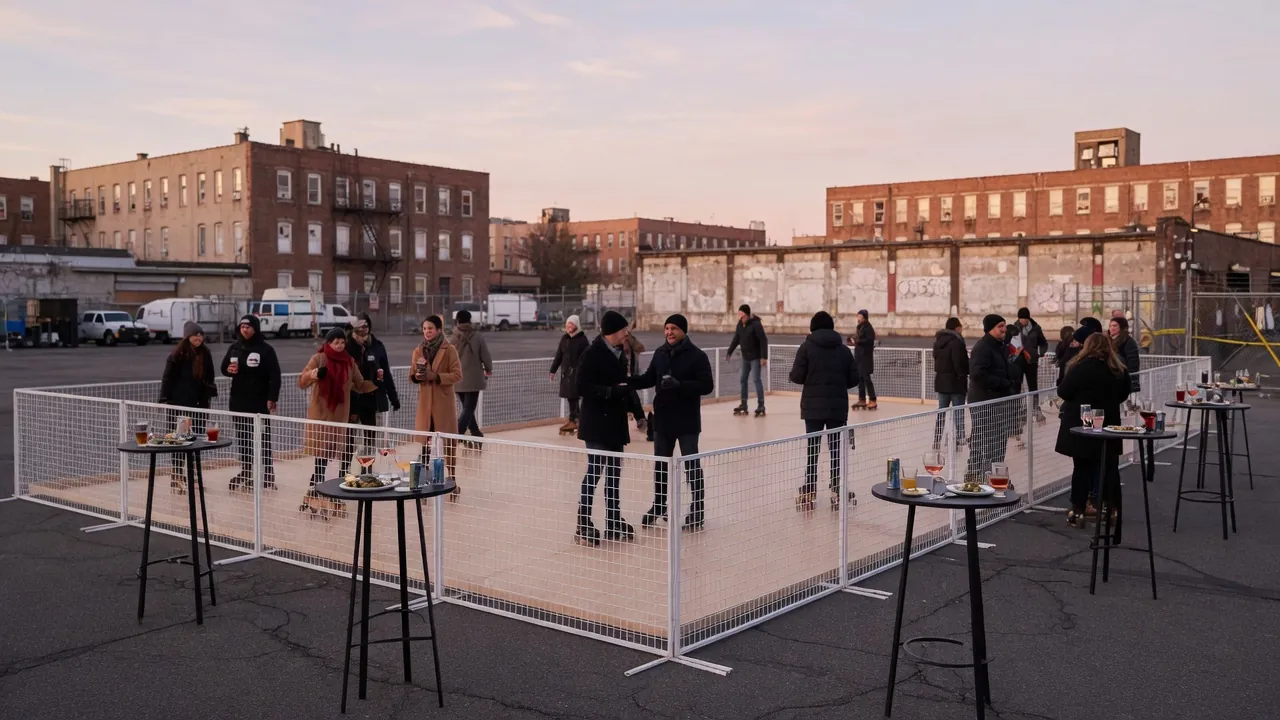 Editorial photo of a portable roller rink in a New York City-style setting; not a specific venue